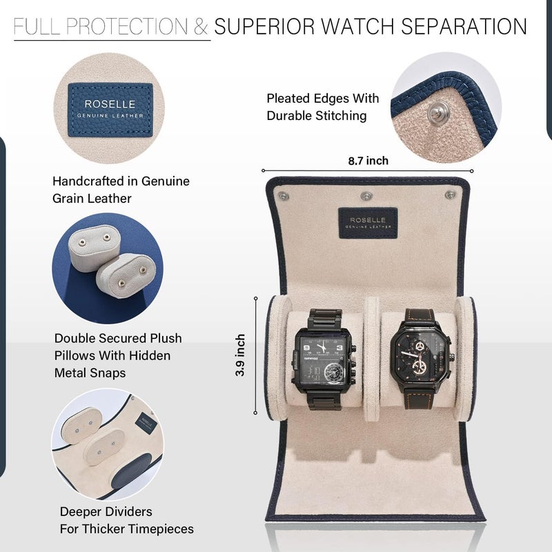 ROSELLE Genuine Leather Watch Roll Travel Case - Watch Roll Case For 2 Watches With Luxury Lining - Protect, Travel,Store, Display Fine Watches (2 slot Blue-Genuine Leather) - Image 2